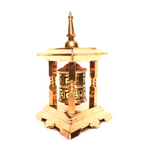Hand Made Table Buddhist Prayer Wheel, Brass And Copper Buddhist Prayer Wheel, Mantra Carved Prayer Wheel, Triangular Shape, Made In Nepal