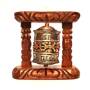 Tibetan Buddhist Wall Prayer Wheel, Vajra And "Om mane Padme Hum" Mantra Carved Pryer Wheel, Brass And Copper, Wooden Frame, Made In Nepal