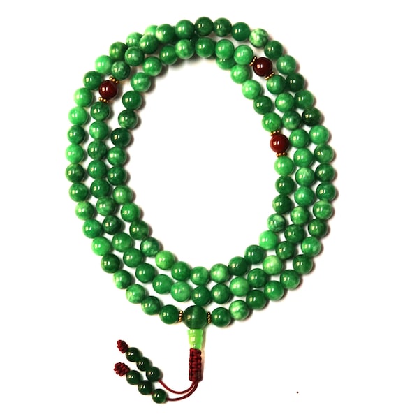 Superior Quality, Taiwanese Jade Stone Buddhist Mala, 8 MM, 108 Beads + 3 Spacers Beads, Designed Mala, Green Jade Mala, Adjustable Knot;