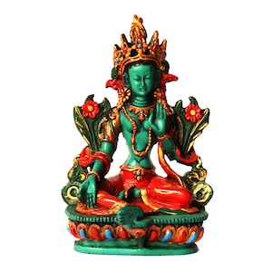 May include: A seated statue of a deity with a green body, red and gold accents, and a detailed crown. The statue features intricate details, including floral designs and a serene expression. The figure is seated on a lotus base.