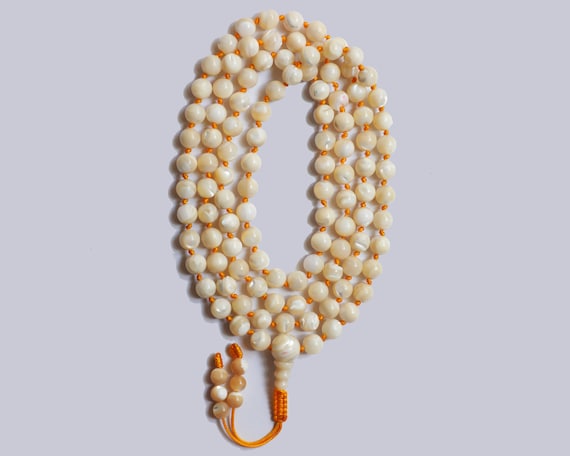 White Mother Of Pearl Buddhist Prayer Bead Mala, Hand Knotted, 108 Beads,  Adjustable Knot, Tibetan OM Symbol, Buddhist Wall Hanging