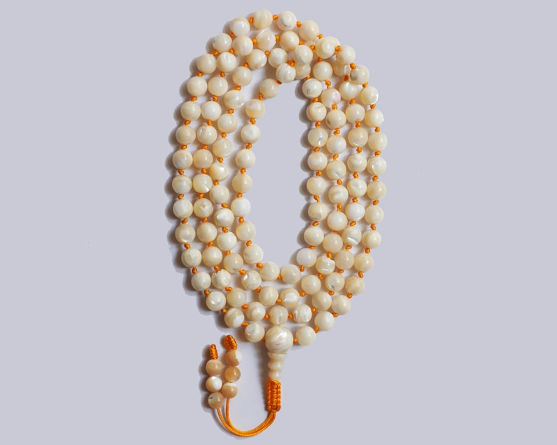 White Mother Of Pearl Buddhist Prayer Bead Mala, Hand Knotted, 108 Beads, Adjustable Knot image 1