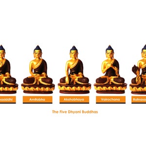 Die fünf Dhyani Buddha Set, goldene Harzstatuen, Pancha Buddha-Statuen, Symbol der fünf Buddha-Weisheit, buddhistische Statue, handgemalte Statue