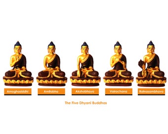 De vijf dhyani-boeddha's, gouden harsbeelden, pancha-boeddhabeelden, symbool van vijf boeddha-wijsheid, boeddhistisch standbeeld, handgeschilderd standbeeld