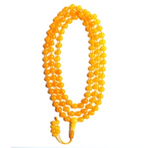 Yellow Jade Stone Buddhist Prayer Mala, Hand Knotted, 108 Beads, Adjustable Knot;