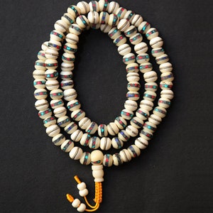 10MM Inlays Black Bone Mala, Buddhist Mala, Tibetan Mala, 108 Beads, Handmade Yak Bone Mala Buddhist Prayer, Coral Turquoise Yak Bone Mala
