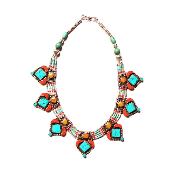 Nepali & Tibetan Nacklace, Tibetan Jewellery, Inlaid Coral And Turquoise, Pendants Nacklace, White Metal Necklace, Hand Made In Nepal