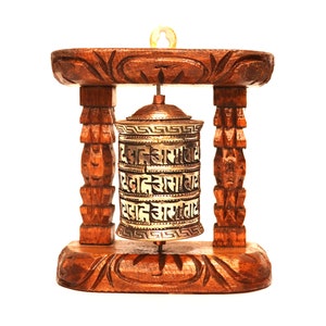 Tibetan Buddhist Wall Prayer Wheel , 3 Rows Mantra "Om mane Padme Hum" Carved Pryer Wheel, Brass And Copper, Wooden Frame, Made In Nepal