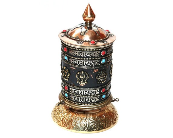 Row Mantra Carved Table Prayer Wheel, Prayer Wheel Table