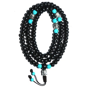 8MM Black Yak Bone Mala, Buddha Head, Turquoise Bead, Coral Bead, Custom Design, Buddhist Mala, Tibetan Mala, Handcrafted Yak Bone Bead