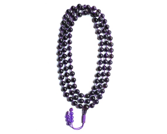 Best Quality Amethyst Stone Buddhist Prayer Mala, Hand Knotted, 108 Beads,  Adjustable Knot;