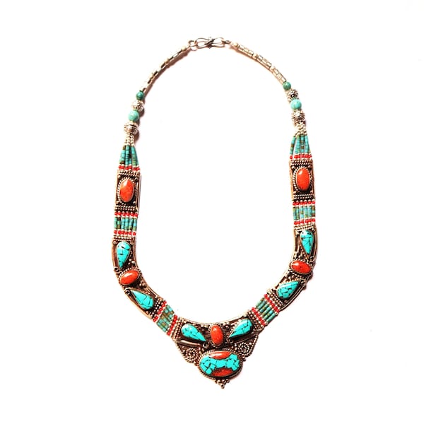 Nepali & Tibetan Nacklace, Tibetan Jewellery, Inlaid Coral And Turquoise , Pendants Nacklace, White Metal Necklace, Hand Made In Nepal