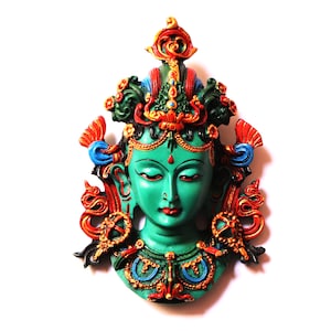 Turkoois masker &#39;groene tara&#39;, masker Jetsun Dolma, vrouwelijke Boeddha, boeddhistische godheid, harsmuur hangend masker, handgeschilderd, handgemaakt in Nepal
