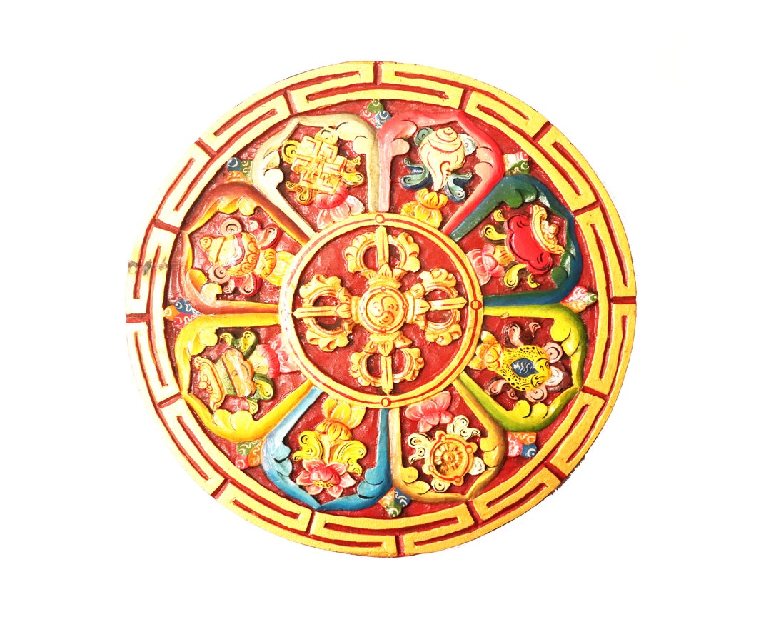 Eight Auspicious Buddhist Symbols Hand Carved in Wood , Tibetan  Tashee-tag-gyay , Wall Hanging , Buddhist Spiritual Art, Hand Made in Nepal  