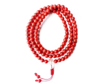 Überlegene Qualität, tibetische rote Koralle Mala, buddhistische Mala, tibetische Mala, Meditation Mala, 8 mm, 108 Perlen, verstellbarer Knoten, handgefertigt in Nepal;