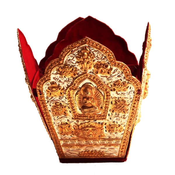 Five Buddha Ritual Crown,Copper Ritual Crown, Sliver & Gold Plated, Ritual Crown with the Five Dhyani Buddhas, Buddhist Crown, Hand Made;