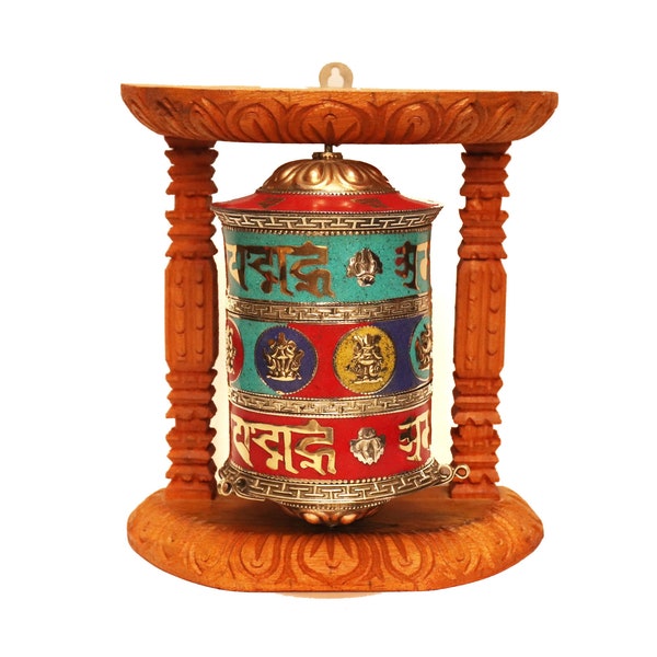 Tibetan Buddhist Wall Prayer Wheel, 8 Auspicious Symbols And Mantra Carved Prayer Wheel, Inlaid Coral Turquoise  Mani Wheel, Made In Nepal