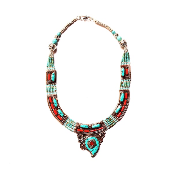 Nepali & Tibetan Nacklace, Tibetan Jewellery, Inlaid Coral And Turquoise , Pendants Nacklace, White Metal Necklace, Hand Made In Nepal