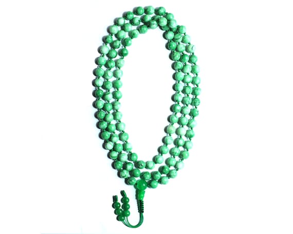 Natural 8mm Green Jade Tibetan Buddhist 108 Prayer Beads Mala Necklace With Tassel 33"