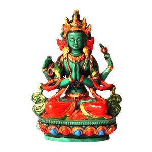 May include: Green and red statue of a deity with four arms, wearing a crown and sitting on a lotus base. The statue is made of metal and has intricate details.