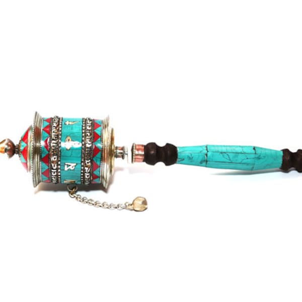 12.5 Inche, Buddha Eye & Mantra Prayer Wheel, Handmade Coral Turquoise Prayer Wheel Buddhist, Buddha Eye Prayer Wheel Handmade Wooden Handle