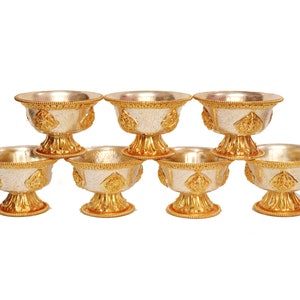 Best Quality Hand Carved Silver & Gold Plated Copper Offering Bowl Set , 8 Auspicious Symbols Offering bowl , Buddhist Offering Bowl Sets
