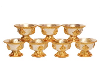 Best Quality Hand Carved Silver & Gold Plated Copper Offering Bowl Set , 8 Auspicious Symbols Offering bowl , Buddhist Offering Bowl Sets ;