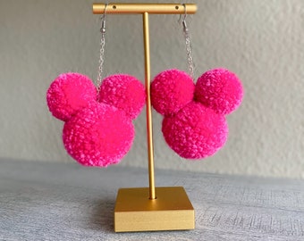 Hot Pink Mickey Mouse Inspired Pom Pom Dangle Earrings