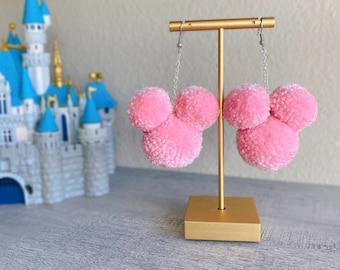 Pink Mickey Mouse Inspired Pom Pom Dangle Earrings
