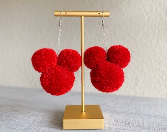 Red Mickey Mouse Inspired Pom Pom Dangle Earrings