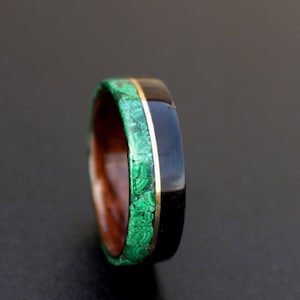 Wooden Ring feat 14k Solid Yellow Gold Inlay Ebony Macassar,   Black Walnut, Green Malachite.Wooden Band.Unique Ring 100% Handmade.