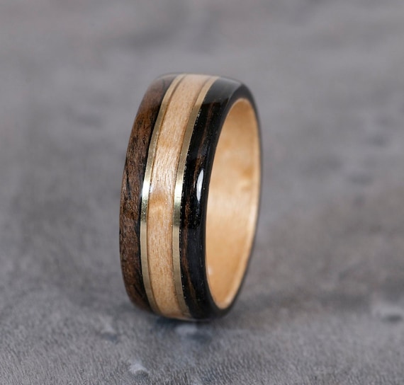 BentWood Ring feat Ebony Wood, Birds Eye Maple Double Brass Wire 