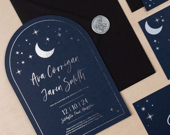 Celestial Wedding Invitation, Navy Blue Wedding Invite, Arch Wedding Invite, Silver Foil Wedding Invite, Moon & Star Invite | Printed Sample