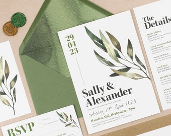 Olive Wedding Invitation, Green Wedding Invite, Modern Wedding Invite, Simple Wedding Invite, Destination Wedding Invite | Printed Sample