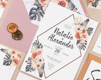 Tropical Wedding Invitation, Desert Wedding Invite, Summer Wedding Invite, Modern Wedding Invite, Floral Wedding Invite | Printed Sample