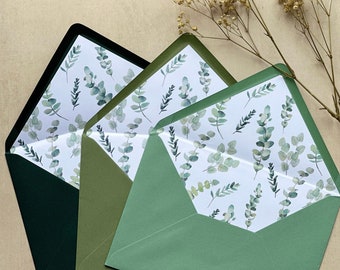 Eucalyptus Envelope Liners, Green Wedding Invitations, Botanical Foliage Wedding Invite, A5 Envelopes