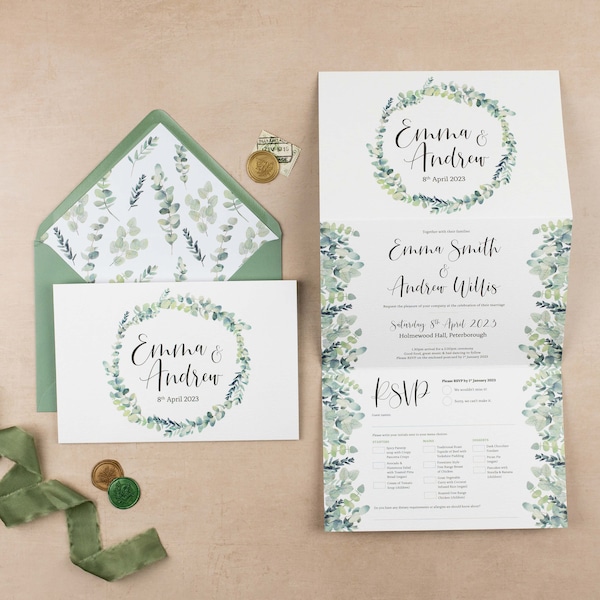 Eukalyptus Hochzeitseinladung | Grüne Hochzeitseinladung | Foliage Hochzeitseinladung | Ziehharmonika Hochzeitseinladung | Gedrucktes Muster