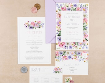 Aster Pastel Wildflower Wedding Invitation Sample - Garden Party Invite, Colourful Stationery, Pink Lilac Invites Spring Summer Wedding