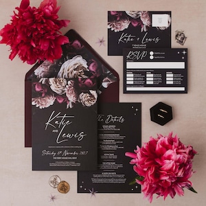 Dusk Gothic Black huwelijksuitnodiging monster - donkere bloemen bruiloft briefpapier, romantische gotische bruiloft uitnodiging, alternatieve trouwdag