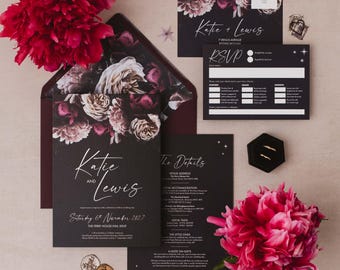 Dusk Gothic Black Wedding Invitation Sample - Dark Floral Wedding Stationery, Romantic Gothic Wedding Invite, Alternative Wedding Day