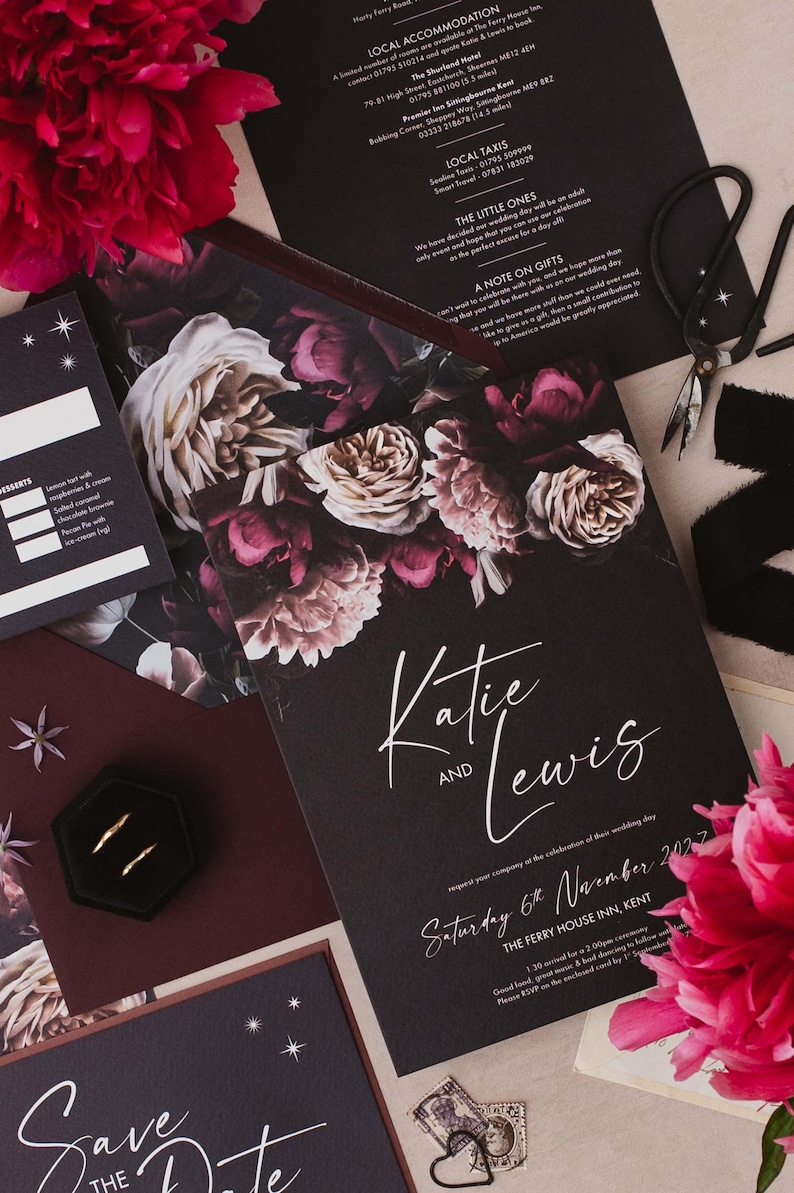 Dusk Gothic Black Wedding Invitation Sample - Dark Floral Wedding Stationery, Romantic Gothic Wedding Invite, Alternative Wedding Day image 2