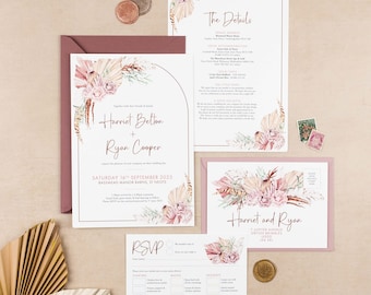 May include: A collection of wedding stationery featuring a floral design in shades of pink, beige, and green. The set includes invitations, RSVP cards, and details cards. The invitation features the names "Harriet Belton + Ryan Cooper" and the date "SATURDAY 16 SEPTEMBER 2023".