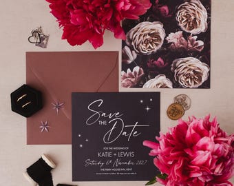 Dusk Gothic Save the Date Sample - Burgundy & Blush Flral Wedding Save the Date, Black Stationery, Alternative Wedding