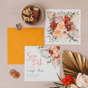 Bloom Autumn Floral Save the Date Sample - Red & Burnt Orange Wedding Save the Date, Colourful Fall Stationery