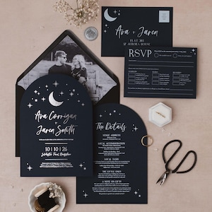 Luna Celestial Wedding Invitation Sample - Navy or Black Foiled Starry Night Wedding Stationery, Moon & Stars Invite, Galaxy Wedding