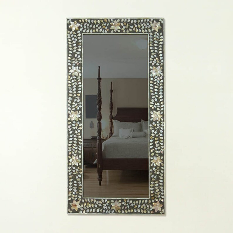 Mother Of Pearl Inlay Fl Rectangular Mirror In Black Color With Free