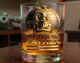 Personalized I Am Their Father Whiskey Glass 2D Flat Mug, Galaxy Dad With Kid Name, Star Hero Travel Mug, Happy Father's Day