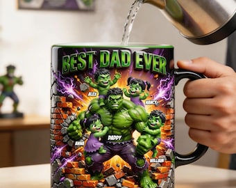 Taza plana 2D personalizada de Hulk Papá – Taza personalizada de Hulk Papá / Regalo del Día del Padre para papá, abuelo, padre Taza del superhéroe Hulk