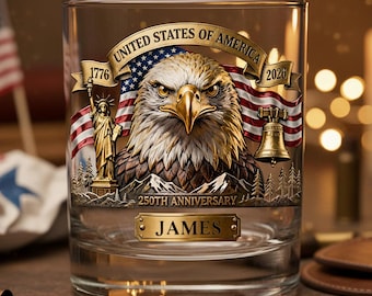Vaso de whisky personalizado del 250 aniversario de Estados Unidos, regalo patriótico para él, regalo del 250 aniversario de Estados Unidos para papá.