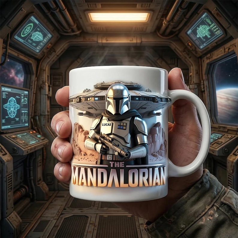May include: White ceramic mug featuring a detailed image of The Mandalorian character with a blaster, a spaceship, and the text "THE MANDALORIAN". The mug has a curved handle and is held in a hand.